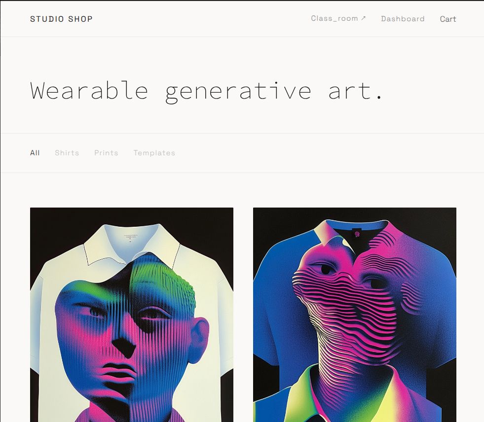 Studio Shop catalog of generative-art apparel and prints